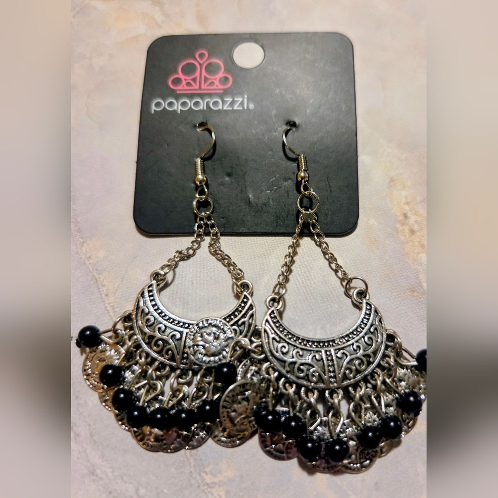 paparazzi Silver Crescent Filigree Dangle Earrings with Black Beads